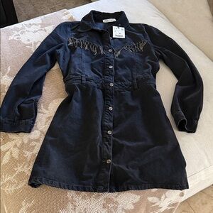 Zara Black Denim Dress with Fringe Detail